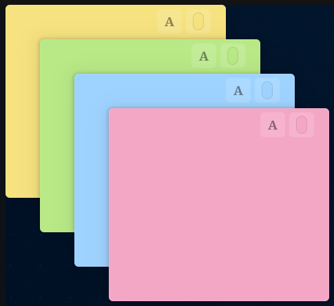 Four overlapping Pinleaf note windows in yellow, green, blue and pink.