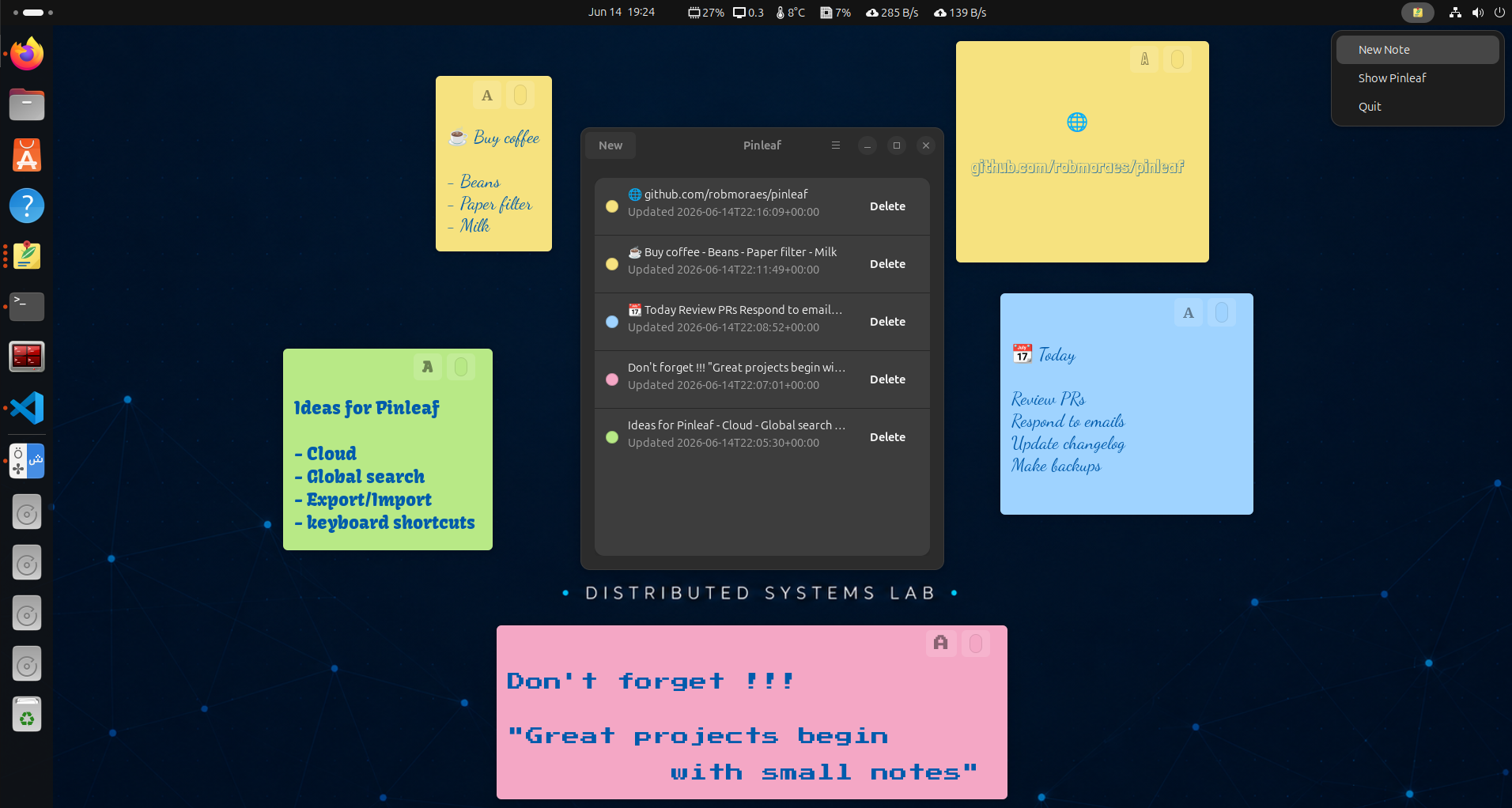 Pinleaf desktop with four colored notes, the main panel and the AppIndicator menu open.