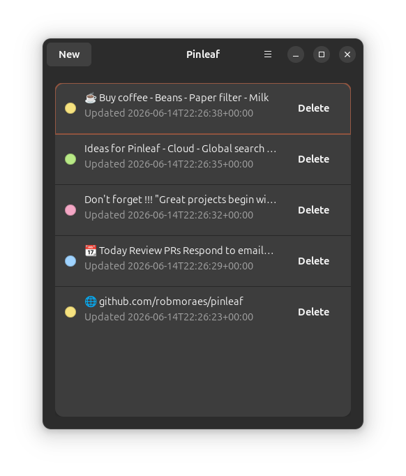 Pinleaf main panel listing notes with color indicators, previews and timestamps.